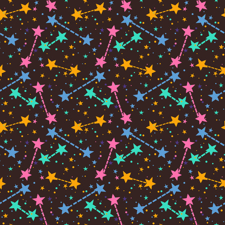 Vector seamless pattern with bright colorful stars and dots on brown background. Fun ditsy print with night sky, constellations and twinkle lights. Concept of astrology and birthday and holiday spiritのイラスト素材