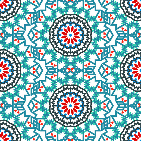 Vector tribal colorful bohemian pattern with big abstract flowers in bright colors. Geometric boho chic background with Arabic, Indian, Moroccan, Aztec ethnic motifs. Bold ethnic print with mandalasのイラスト素材