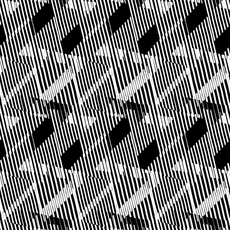 Vector geometric seamless pattern with lines and overlapping stripes in black and white. Striped modern bold print in funky style for summer fall fashion. Abstract dynamic techno chevron backgroundのイラスト素材