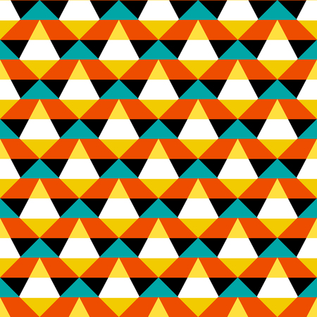 Abstract geometric color blocked pattern with stripes, squares, random geometric shapes. Vector seamless abstract print in op art style. Orange and blue bold textile design for fall winter fashionのイラスト素材