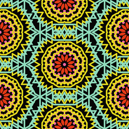Vector tribal colorful bohemian pattern with big abstract flowers in bright colors. Geometric boho chic background with Arabic, Indian, Moroccan, Aztec ethnic motifs. Bold ethnic print with mandalasのイラスト素材