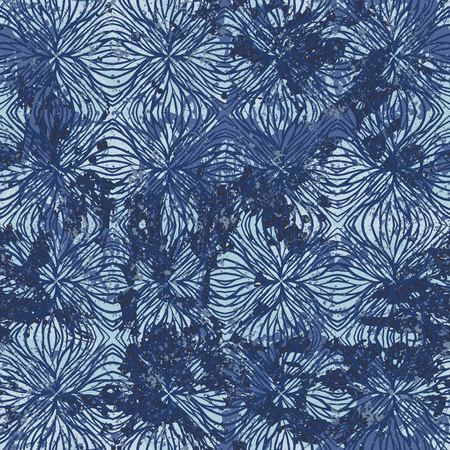 Vector watercolor splashes pattern in blue color. Bold nautical print for fashion and retro textile design with ethnic and tribal motif. Seamless vintage grunge background. Brushstrokes and splatterのイラスト素材