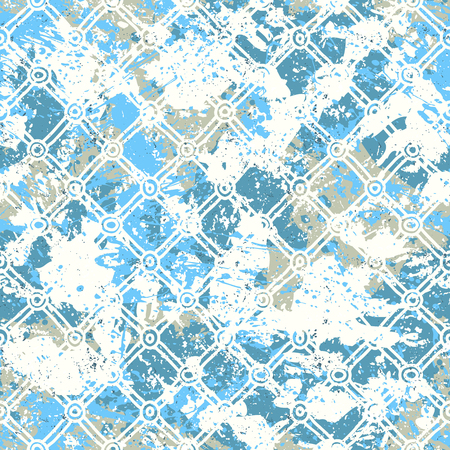 vector geometric pattern in vintage shabby chic retro style on blue watercolor splatter. Geometric print with cross lines, stripe and diamond shape for spring summer fashion. Small abstract backgroundのイラスト素材