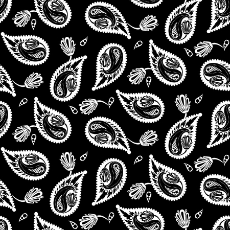 Black and white paisley vector seamless pattern. Bold bohemian print with ethnic Indian, Turkish, Arabic, Moroccan motif. Bright vintage background for retro boho chic textile design and fashionのイラスト素材