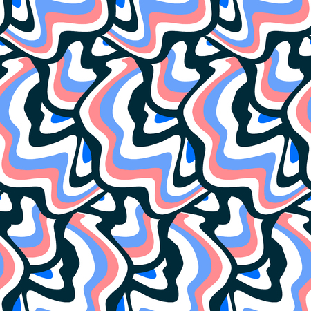 Vector hippie seamless pattern with lines and overlapping shapes in pink blue colors. Striped bold print for sport fashion. Abstract dynamic background with waves, lines, stripes. Marble textureのイラスト素材