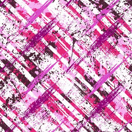 Vector seamless bold plaid pattern with wild crossing brushstrokes and thin stripes, hand drawn in variety of romantic pink colors for retro fashion on watercolor background with paint splattersのイラスト素材