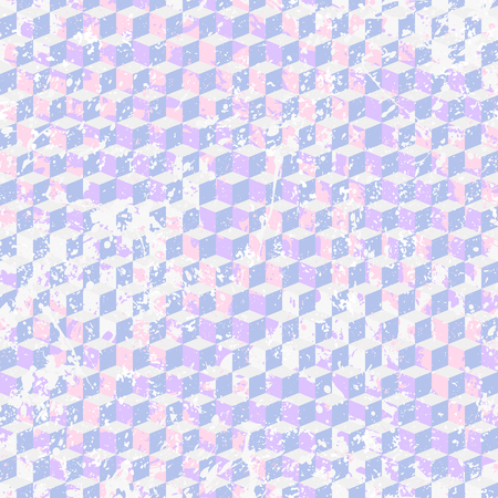 Vector geometric seamless pattern with 3d cubes and overlapping shapes in pink color. Blocked modern bold print for sport fashion. Abstract geometry techno background with paint splash and splatterのイラスト素材