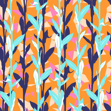 Vivid floral pattern with bright leaves and geometric motif. Seamless vector pattern in fall autumn color. Bohemian autumn leaves background in boho style.Vintage print with leaf for summer home decorのイラスト素材