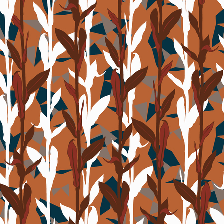 Organic floral pattern with leaves shapes and geometric motif. Seamless vector pattern in fall autumn color. Autumn leaves background with silhouettes. Vintage grunge print with leaf for fall textileのイラスト素材