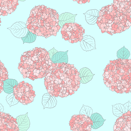 Vector floral pattern with Hortensia flower on blue background. Seamless vector pattern in spring color. Spring hand drawn background in vintage style. Bold print with hand drawn leaves and flowers