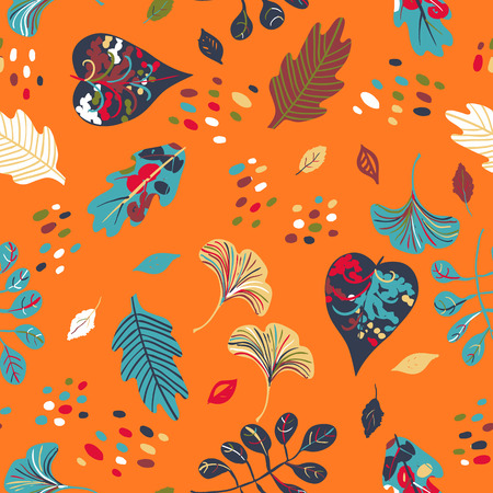 Vector seamless watercolor pattern with fall colorful leaves, flower and dots on orange background. Hand drawn floral autumn background. Cute floral print with leaves for autumn decor and fall fashionのイラスト素材