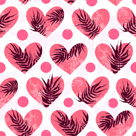 Hearts with tropical leaves for Valentines day. Love background with hearts and palm leaves. Love in jungle decor. Vector seamless romantic modern pattern and tropical texture Valentine day backgroundのイラスト素材