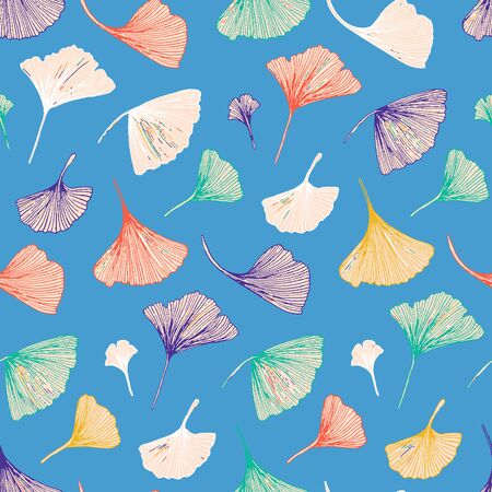 Vector seamless pattern with striped flowers leaves on blue background. Abstract floral summer background. Vintage print with ginkgo leaves for spring decor and summer fashion. spring leaves textureのイラスト素材