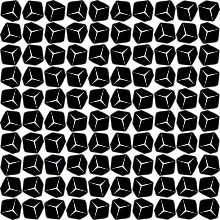 Vector seamless pattern tiles in black and white. Mid century geometric textile print for home decor with rotating 3D ice cubes. Abstract simple background with bold organic shapes in 1960 style.のイラスト素材