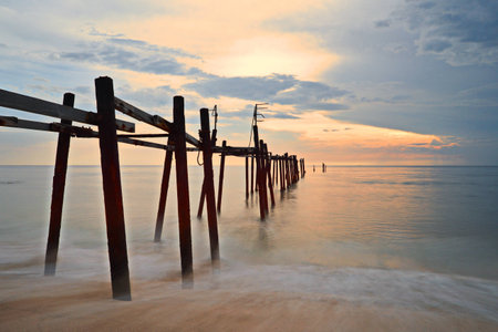 Old wooden bridge at Phangnga,Thailandの写真素材