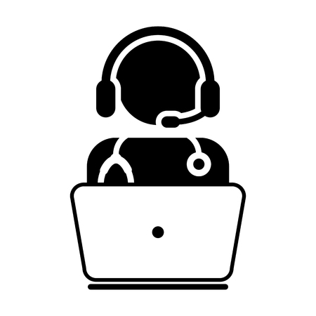 Doctor Icon - Flat Vector, Person Avatar Symbol With Laptop and Wearing Headset for On-line 
Consultation for Advice and Support Service for Patient in Glyph Pictogram illustrationのイラスト素材