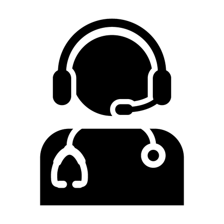 Doctor Icon Symbol With Online Support Wearing Headphone For Contacting Physician Consultation Specialist Avatar In Glyph Pictogram Vector illustrationのイラスト素材