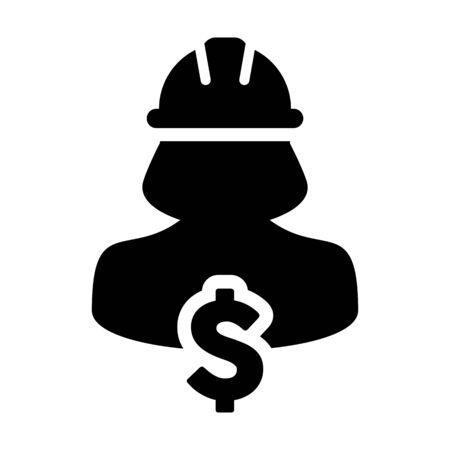 Construction worker icon vector dollar sign symbol with female person profile avatar with 
hardhat helmet in glyph pictogram symbol illustration.のイラスト素材