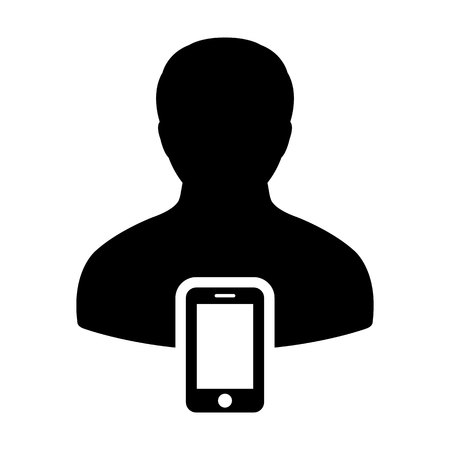 Mobile user icon vector male person profile avatar with smartphone symbol for communication in Glyph 
Pictogram illustrationのイラスト素材