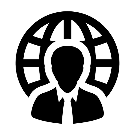 Business icon vector male person profile avatar with globe symbol for international network connection in glyph 
pictogram illustration のイラスト素材