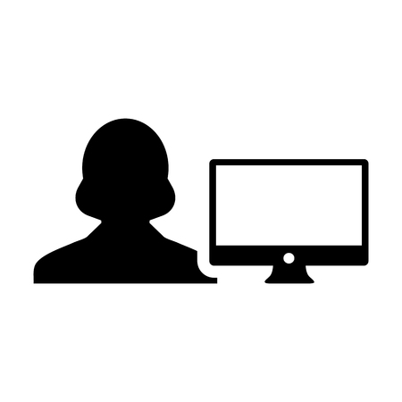 Customer icon vector female person user with computer monitor screen avatar in flat color in Glyph Pictogram Symbol illustrationのイラスト素材