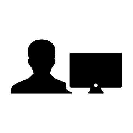 Technology icon vector male person user with computer monitor screen avatar in flat color in Glyph Pictogram Symbol illustrationのイラスト素材