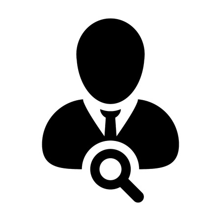 People search icon vector male user person profile avatar symbol with magnifying glass in flat color glyph pictogram illustrationのイラスト素材