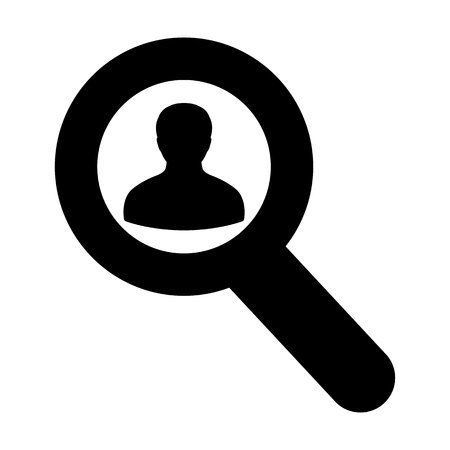 Zoom icon vector male user person profile avatar with magnifying glass symbol in flat color glyph pictogram illustrationのイラスト素材