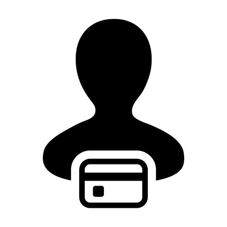 Loan icon vector male user person profile avatar symbol with credit card for banking and finance concept 
in flat color glyph pictogram illustrationのイラスト素材