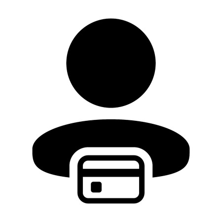 Debt icon vector male user person profile avatar symbol with credit card for banking and finance concept 
in flat color glyph pictogram illustrationのイラスト素材