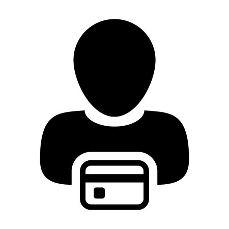 Credit Card icon vector male user person profile avatar symbol for banking and finance concept 
in flat color glyph pictogram illustrationのイラスト素材