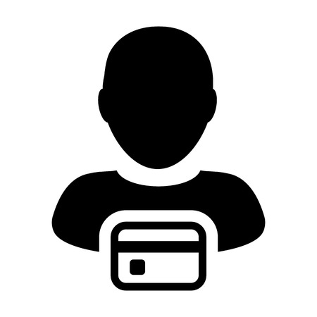 Buy icon vector male user person profile avatar symbol with credit card for banking and finance concept 
in flat color glyph pictogram illustrationのイラスト素材