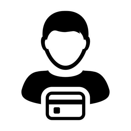Payment icon vector male user person profile avatar symbol with credit card for banking and finance concept 
in flat color glyph pictogram illustrationのイラスト素材