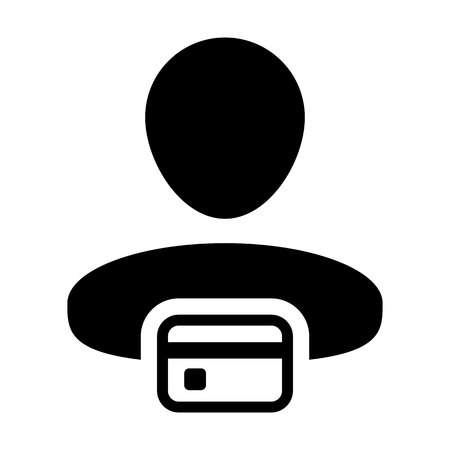 Credit icon vector male user person profile avatar symbol with credit card for banking and finance concept 
in flat color glyph pictogram illustrationのイラスト素材