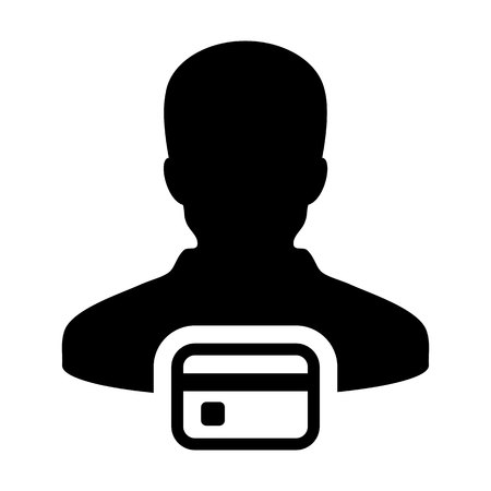 Credit icon vector male user person profile avatar symbol with credit card for banking and finance concept 
in flat color glyph pictogram illustrationのイラスト素材