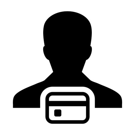 eCommerce icon vector male user person profile avatar symbol with credit card for banking and finance concept 
in flat color glyph pictogram illustrationのイラスト素材