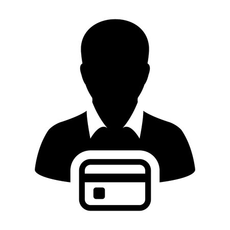 Retail icon vector male user person profile avatar symbol with credit card for banking and finance concept 
in flat color glyph pictogram illustrationのイラスト素材