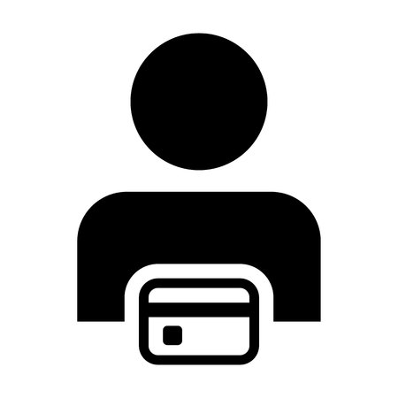 Debt icon vector male user person profile avatar symbol with credit card for banking and finance concept 
in flat color glyph pictogram illustrationのイラスト素材