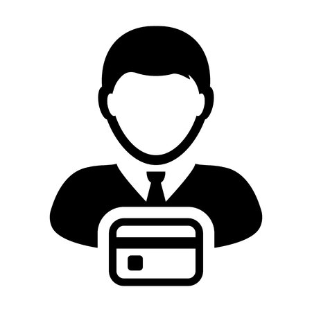 Payment icon vector male user person profile avatar symbol with credit card for banking and finance concept 
in flat color glyph pictogram illustrationのイラスト素材