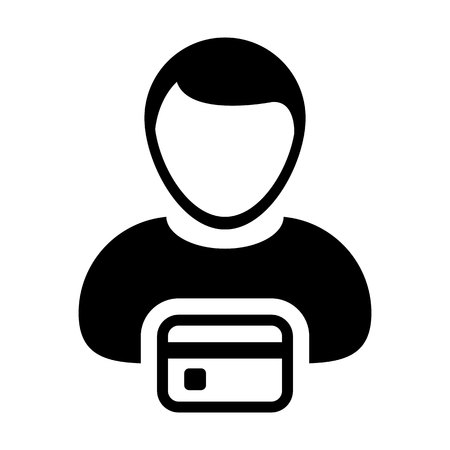 Transaction icon vector male user person profile avatar symbol with credit card for banking and finance concept 
in flat color glyph pictogram illustrationのイラスト素材