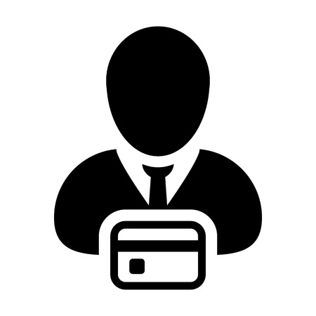 Buy icon vector male user person profile avatar symbol with credit card for banking and finance concept 
in flat color glyph pictogram illustrationのイラスト素材