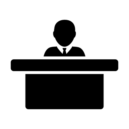 Employer icon vector male person avatar symbol with table for office work in flat color glyph pictogram illustrationのイラスト素材