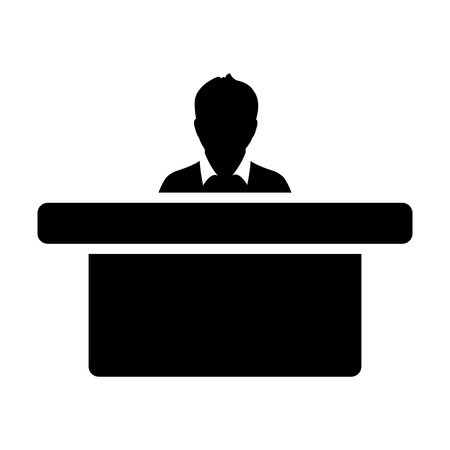 Student icon vector male person avatar symbol with table in class room in flat color glyph pictogram illustrationのイラスト素材