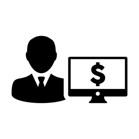 Stock market icon vector male user person profile avatar with computer monitor and dollar sign currency money symbol for banking and finance business in flat color glyph pictogram illustrationのイラスト素材