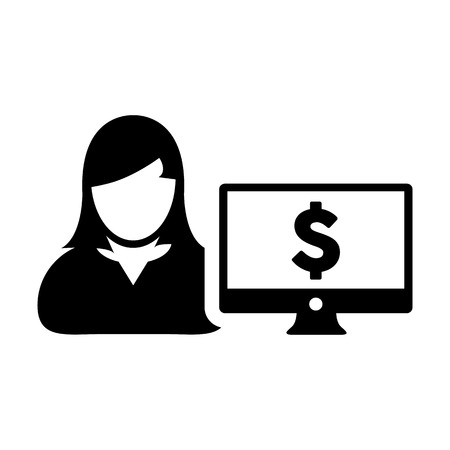 Banking icon vector female user person profile avatar with computer monitor and dollar sign currency money symbol for bank and finance business in flat color 
glyph pictogram illustrationのイラスト素材