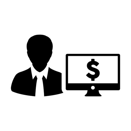 Loan icon vector male user person profile avatar with computer monitor and dollar sign currency money symbol for banking and finance business in flat color 
glyph pictogram illustrationのイラスト素材