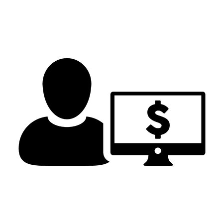 Sales icon vector male user person profile avatar with computer monitor and dollar sign currency money symbol for banking and finance business in flat color 
glyph pictogram illustrationのイラスト素材