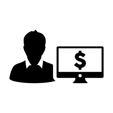 Market icon vector male user person profile avatar with computer monitor and dollar sign currency money symbol for banking and finance business in flat color 
glyph pictogram illustrationのイラスト素材