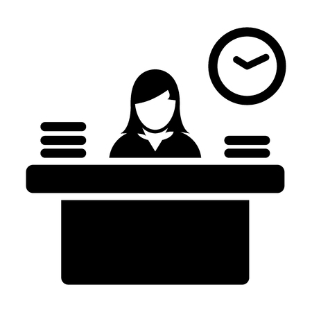 Work icon vector female person avatar symbol with table for office occupation in flat color glyph pictogram illustrationのイラスト素材