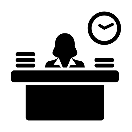 Office icon vector female person avatar symbol with table for office occupation in flat color glyph pictogram illustrationのイラスト素材